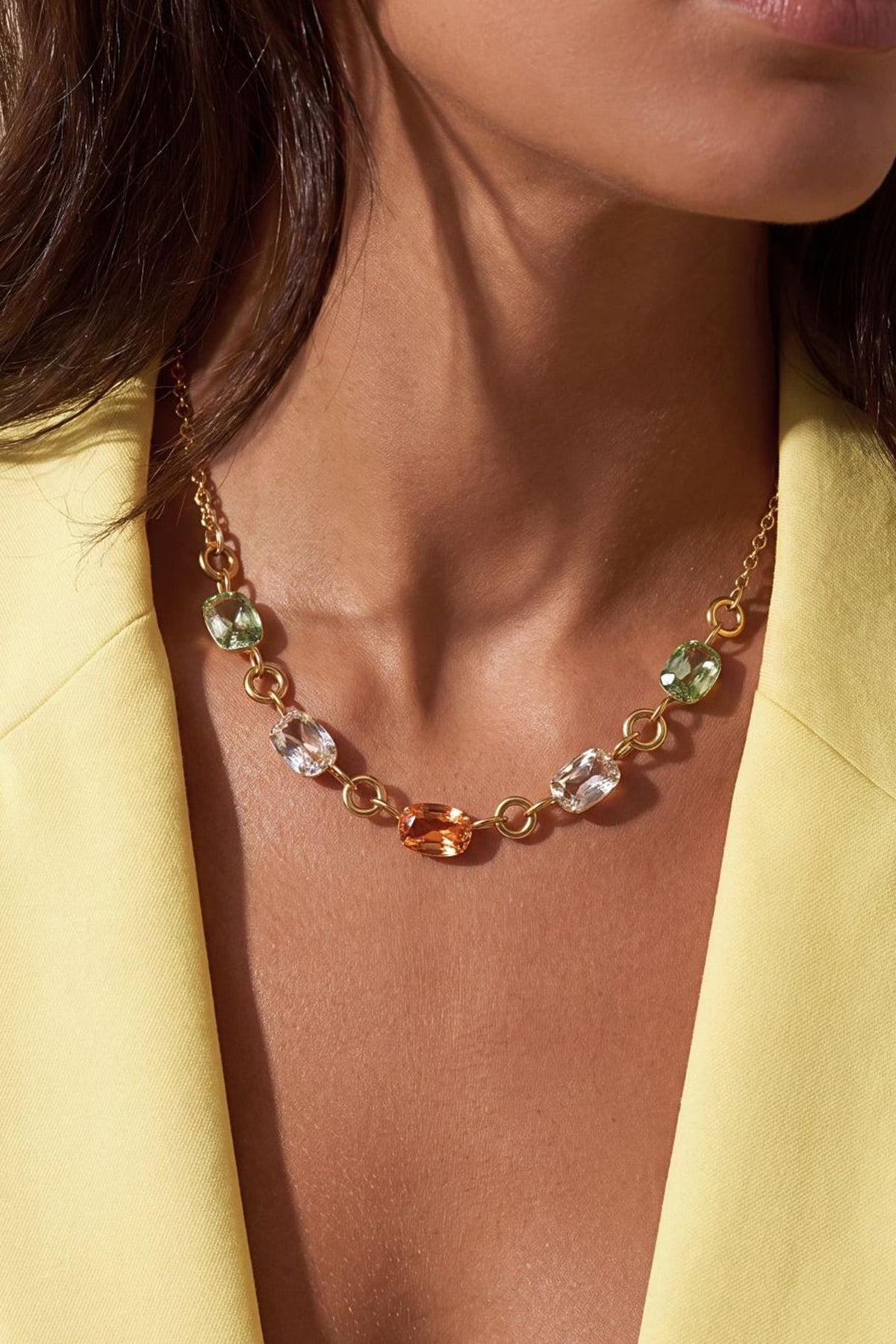 Gold Finish Multi-Colored Austrian Crystal Prism Mosaic Necklace