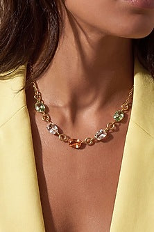Gold Finish Multi-Colored Austrian Crystal Prism Mosaic Necklace