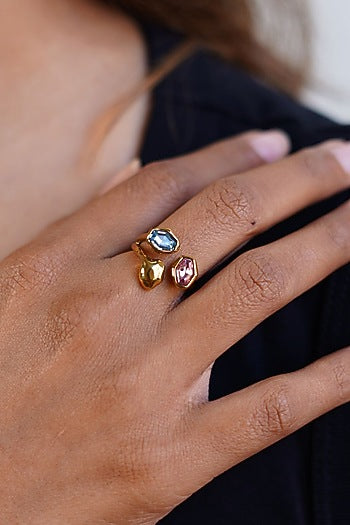 Gold Finish Pink & Blue Austrian Crystal Ring