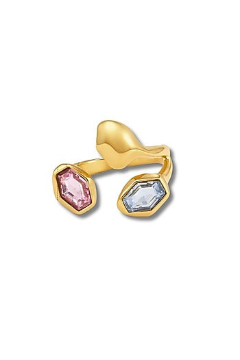 Gold Finish Pink & Blue Austrian Crystal Ring