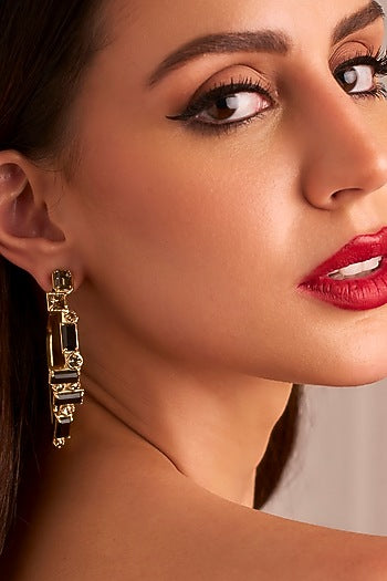 Matte Gold Plated Black Swarovski Stone Hoop Earrings