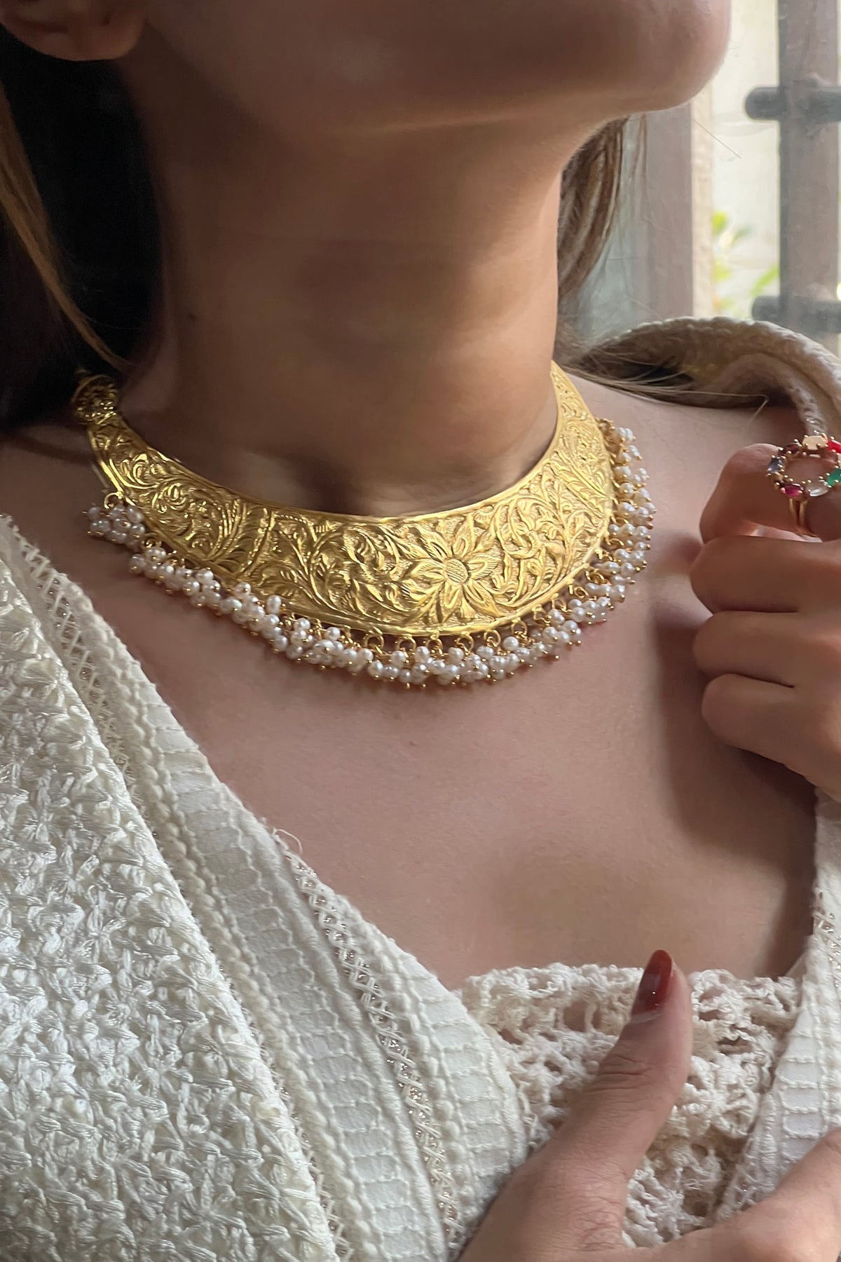 Gold Finish Freshwater Pearl Choker Necklace In Sterling Silver