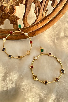 Gold Finish Navratna Gemstone Hoop Earrings In Sterling Silver