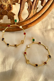 Gold Finish Navratna Gemstone Hoop Earrings In Sterling Silver