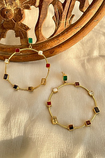 Gold Finish Navratna Gemstone Hoop Earrings In Sterling Silver