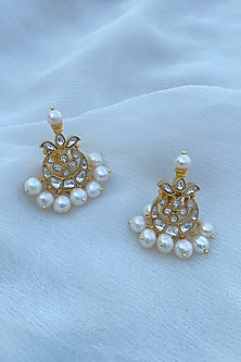 Gold Finish Polki & Pearl Earrings In Sterling Silver
