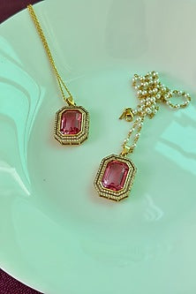Gold Finish Swarovski & Rubellite Dangler Earrings In Sterling Silver
