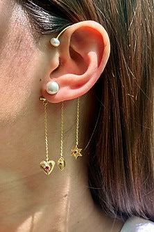 Gold Finish Ruby & Freshwater Pearl Earcuff In Sterling Silver