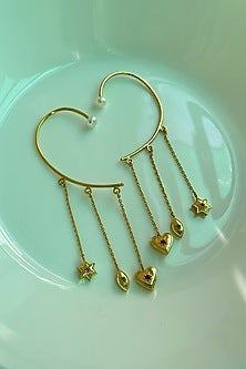 Gold Finish Ruby & Freshwater Pearl Earcuff In Sterling Silver