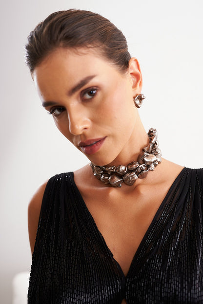 Black Rhodium Finish White Pearl Contemporary Layered Choker Necklace