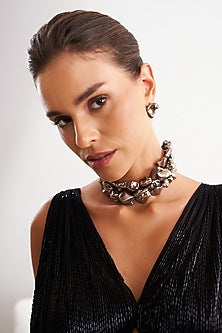 Black Rhodium Finish White Pearl Contemporary Layered Choker Necklace