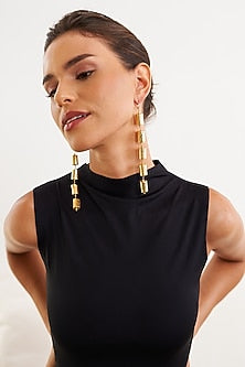 Gold Finish Column Contemporary Dangler Earrings