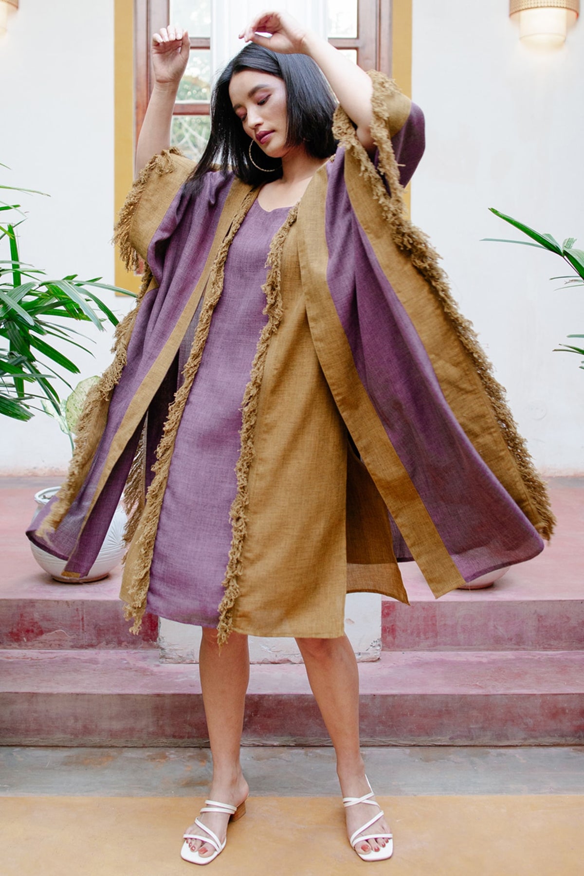 Purple & Mustard Kaftan With Fringes