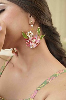 Gold Finish Pink Gemstone & Resin Floral Earrings