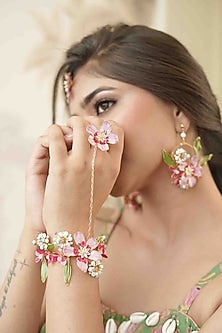 Gold Finish Pink Gemstone & Resin Floral Hathphool (Set of 2)