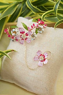 Gold Finish Pink Gemstone & Resin Floral Hathphool (Set of 2)