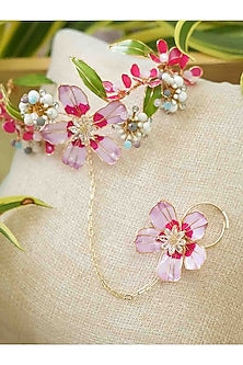 Gold Finish Pink Gemstone & Resin Floral Hathphool (Set of 2)