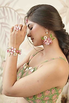 Gold Finish Pink Gemstone & Resin Floral Hathphool (Set of 2)