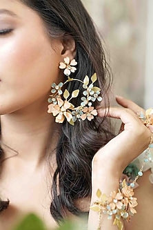 Gold Finish Orange Gemstone & Resin Floral Earrings