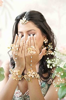 Gold Finish Orange Gemstone & Resin Floral Hathphool (Set of 2)