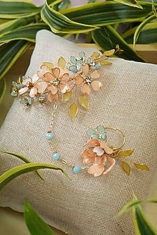 Gold Finish Orange Gemstone & Resin Floral Hathphool (Set of 2)