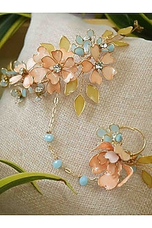 Gold Finish Orange Gemstone & Resin Floral Hathphool (Set of 2)