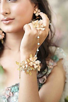 Gold Finish Orange Gemstone & Resin Floral Hathphool (Set of 2)