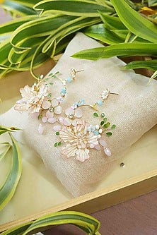 Gold Finish Off-White Gemstone & Resin Floral Earrings