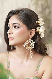 Gold Finish Off-White Gemstone & Resin Floral Earrings