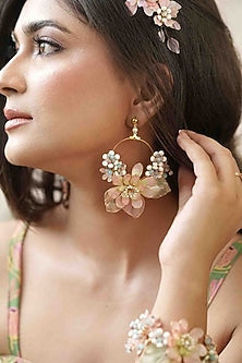 Gold Finish White Gemstone & Resin Floral Earrings