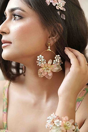 Gold Finish White Gemstone & Resin Floral Earrings