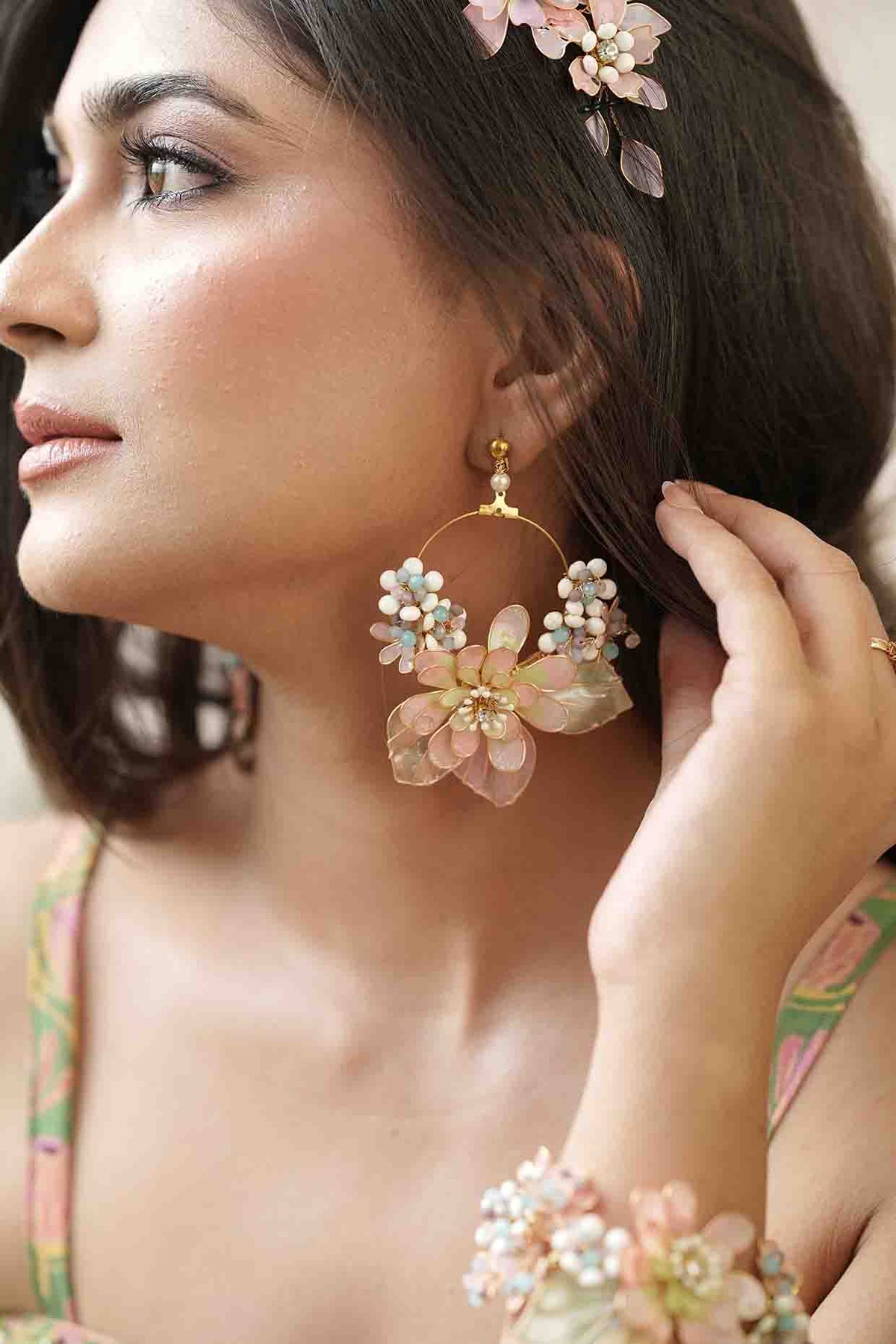 Gold Finish White Gemstone & Resin Floral Earrings