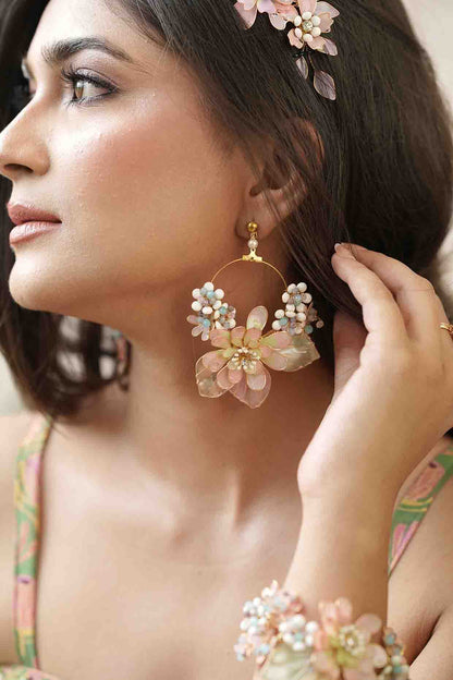 Gold Finish White Gemstone & Resin Floral Earrings