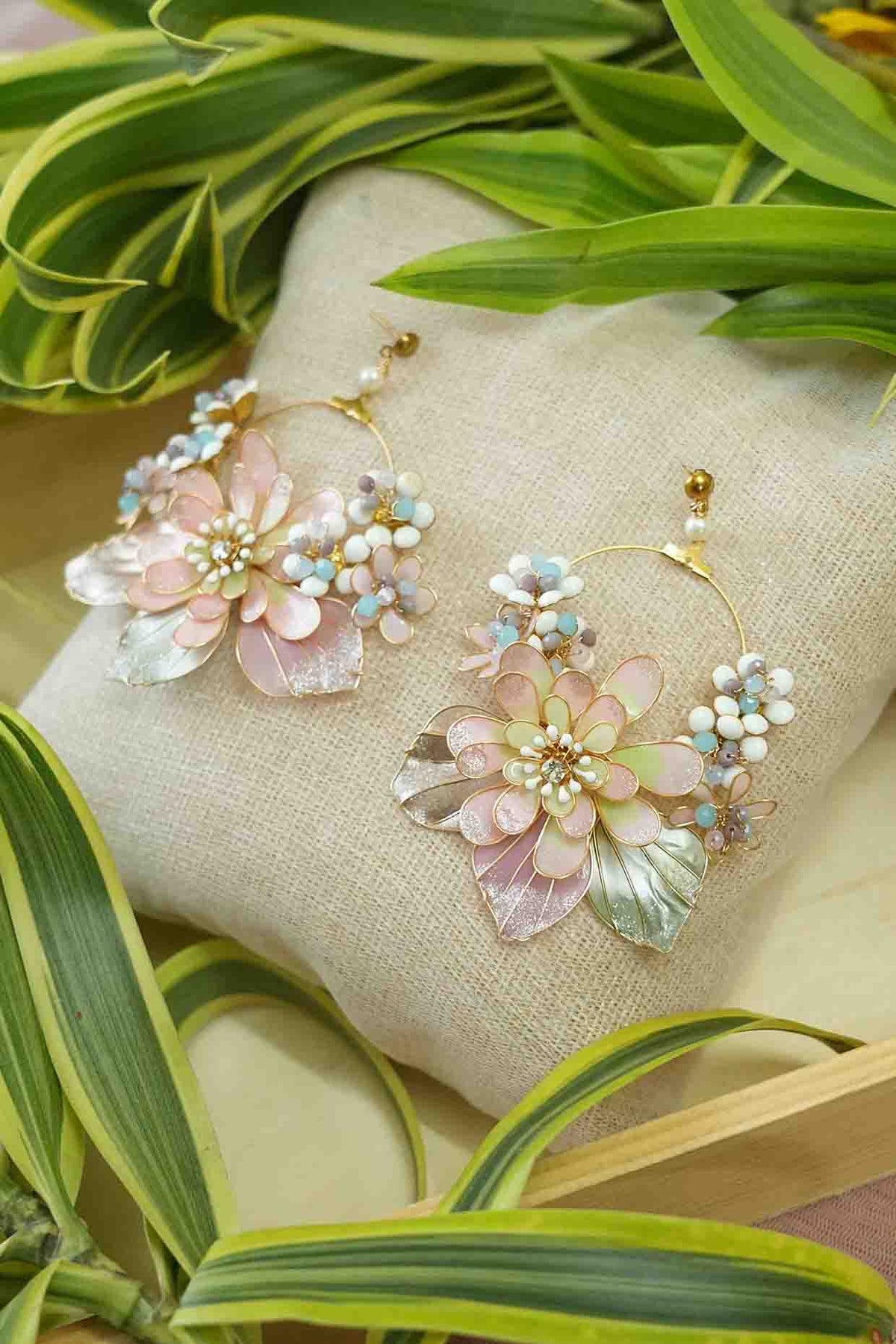 Gold Finish White Gemstone & Resin Floral Earrings