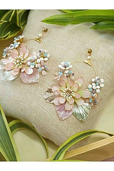 Gold Finish White Gemstone & Resin Floral Earrings