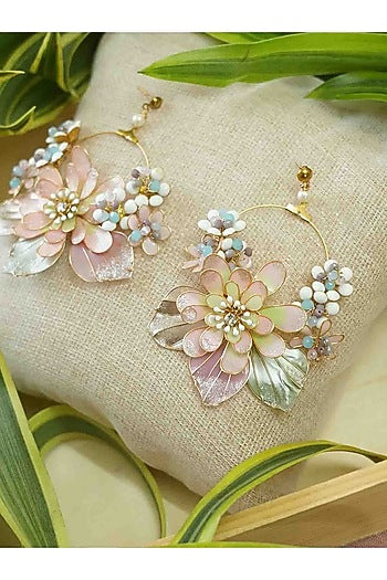 Gold Finish White Gemstone & Resin Floral Earrings