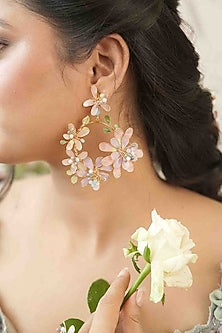 Gold Finish White Gemstone & Resin Floral Earrings