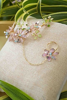 Gold Finish White Gemstone & Resin Floral Hathphool (Set of 2)