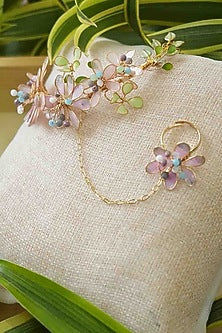 Gold Finish White Gemstone & Resin Floral Hathphool (Set of 2)