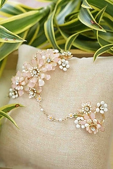 Gold Finish Off-White Gemstone & Resin Floral Hathphool (Set of 2)