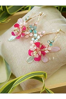 Gold Finish Pink Gemstone & Resin Floral Earrings