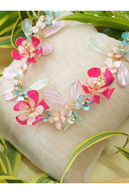 Gold Finish Pink Gemstone & Resin Floral Earrings