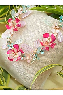 Gold Finish Pink Gemstone & Resin Floral Earrings
