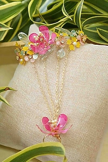 Gold Finish Pink Gemstone & Resin Floral Hathphool (Set of 2)