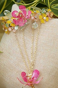 Gold Finish Pink Gemstone & Resin Floral Hathphool (Set of 2)