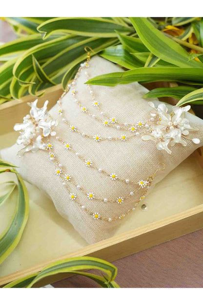 Gold Finish White Gemstone & Resin Floral Earrings