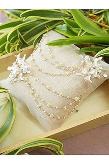 Gold Finish White Gemstone & Resin Floral Earrings