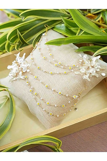 Gold Finish White Gemstone & Resin Floral Earrings