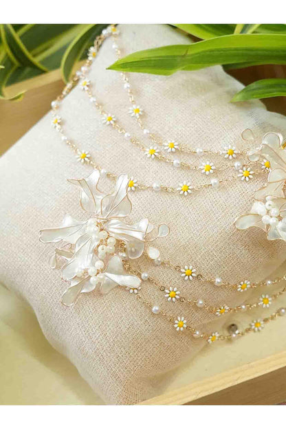 Gold Finish White Gemstone & Resin Floral Earrings