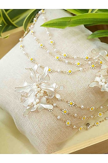 Gold Finish White Gemstone & Resin Floral Earrings
